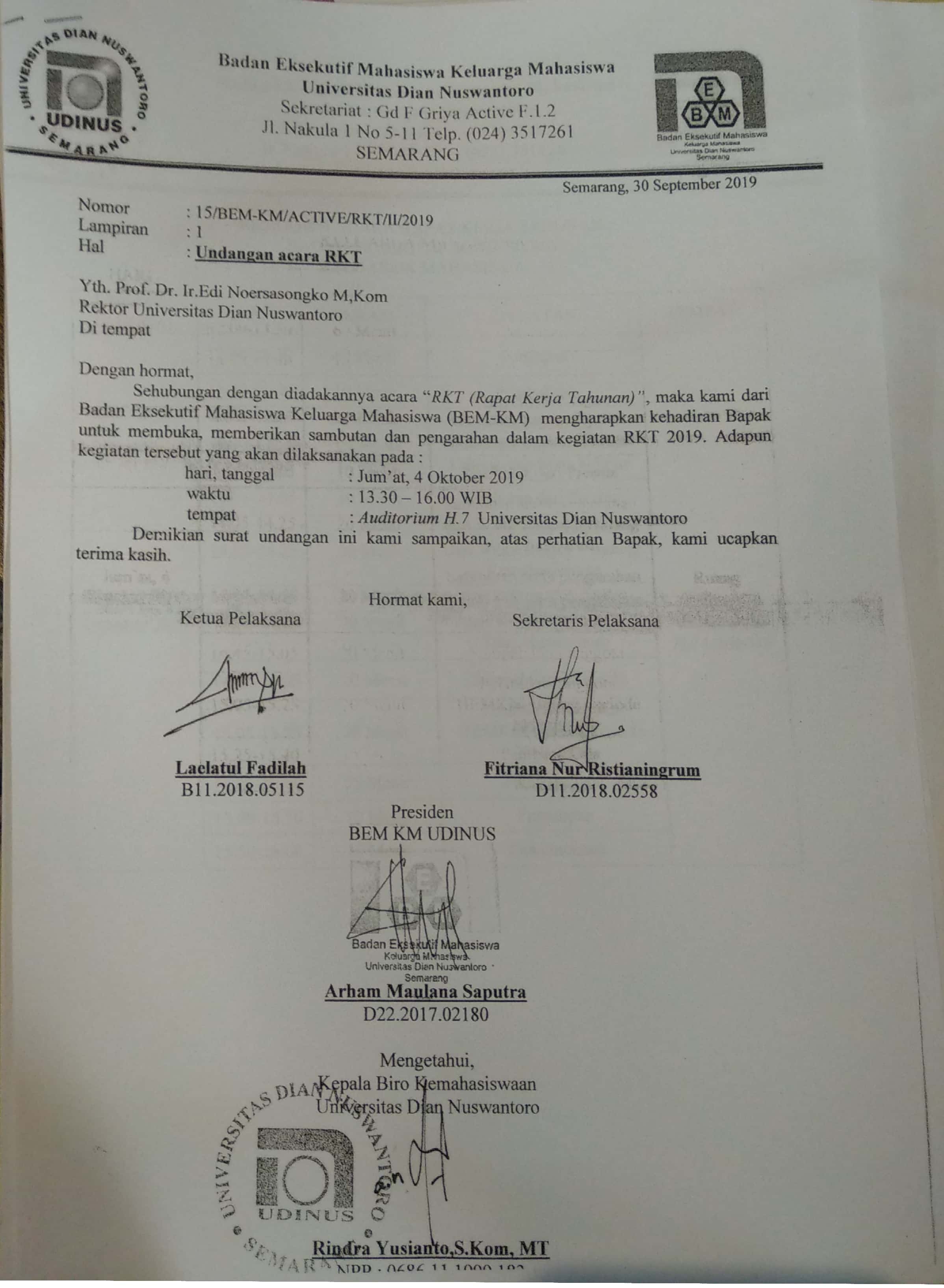 Surat undangan bapak rektor Universitas Dian Nuswantoro